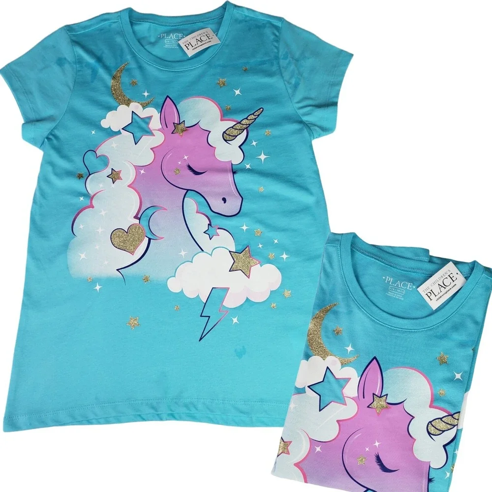 PLACE T-shirt for girls with unicorn graphic print size 10/12 color Blue New
